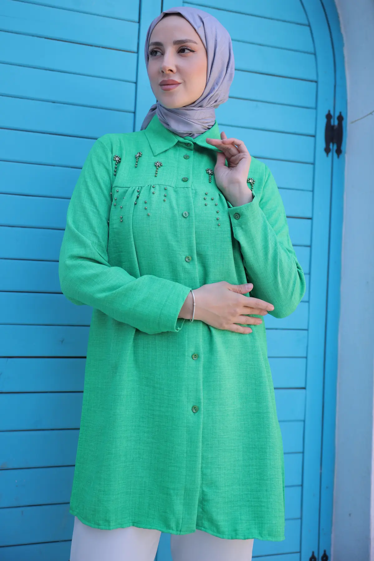 673 Boncuk Detaylı Gömlek Yeşil-detail