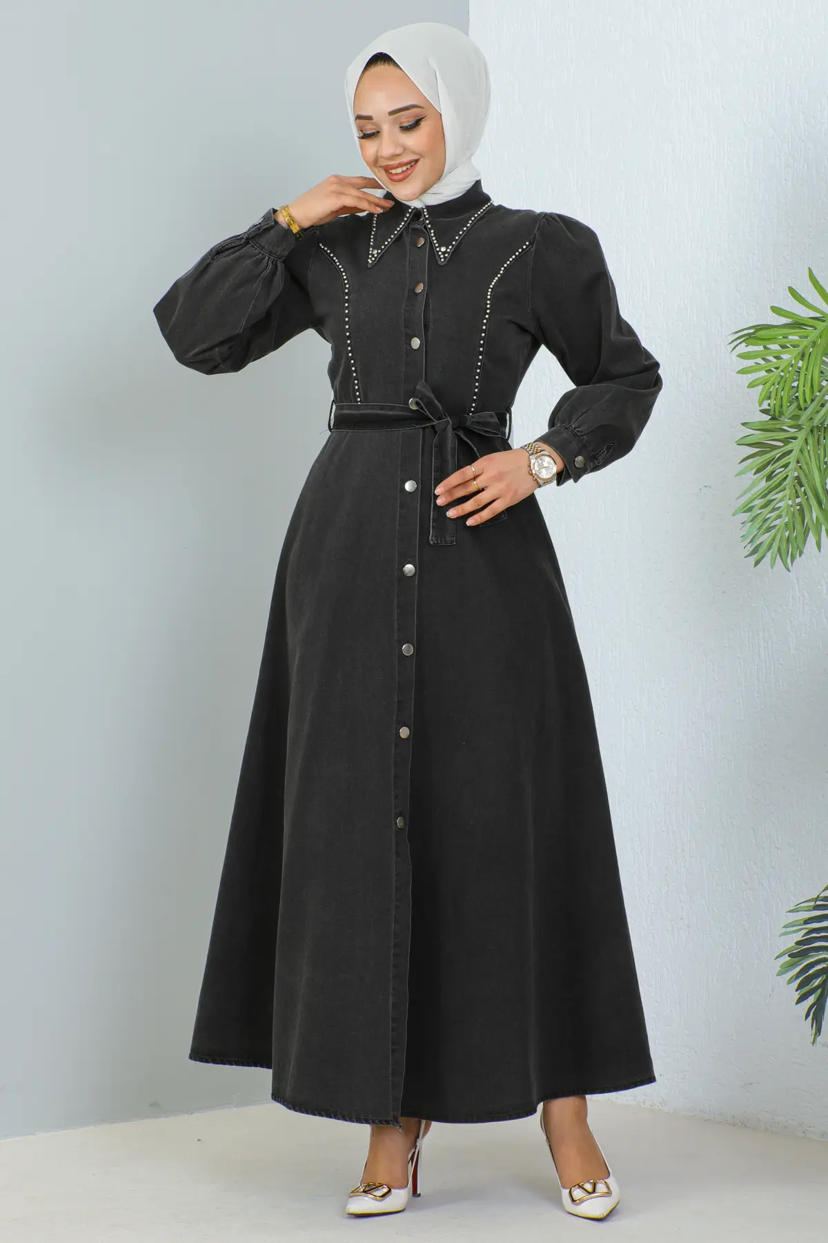 6801 Tesettür Kot Elbise Siyah-detail