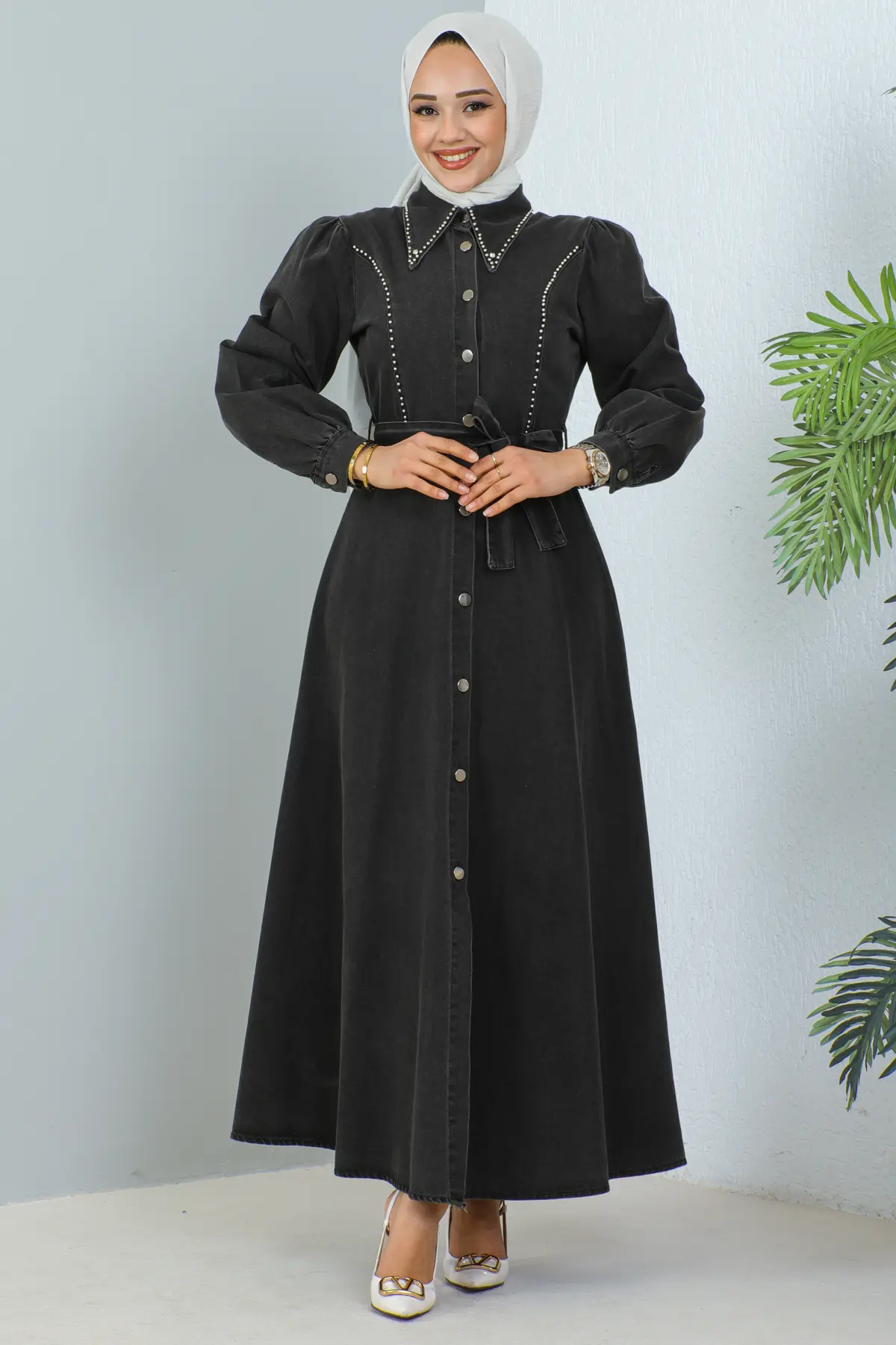 6801 Tesettür Kot Elbise Siyah-detail