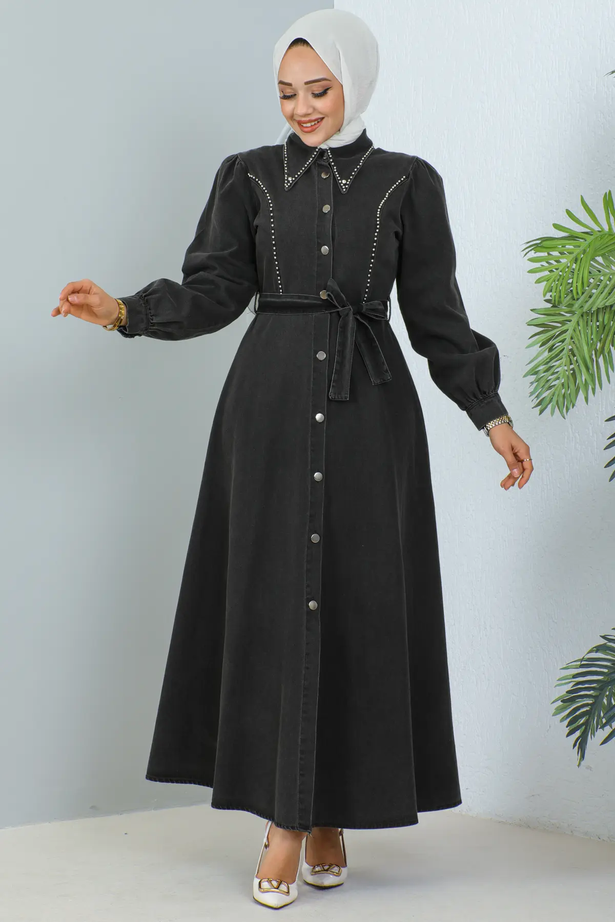 6801 Tesettür Kot Elbise Siyah-detail