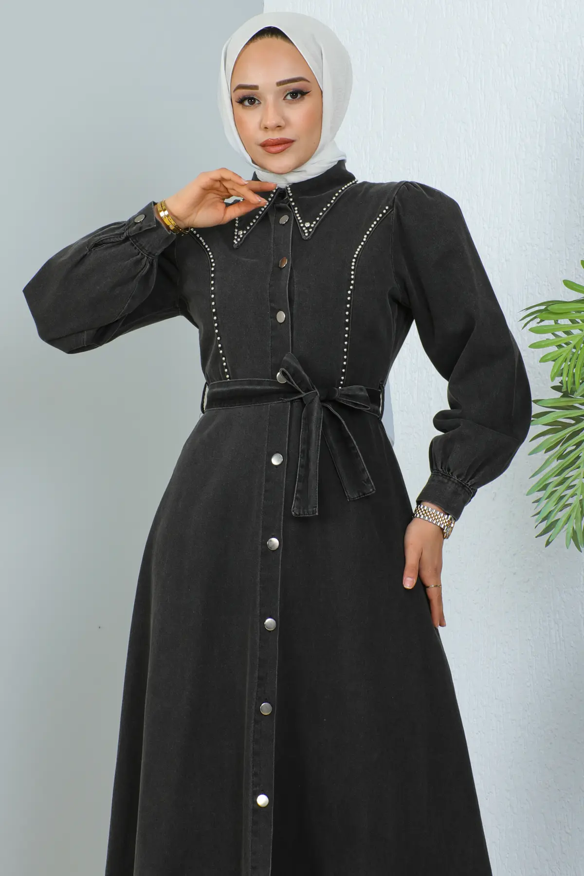6801 Tesettür Kot Elbise Siyah-detail