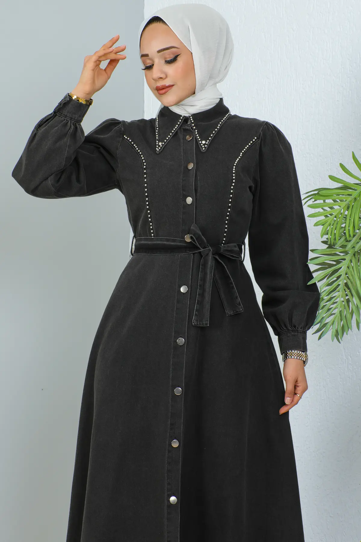 6801 Tesettür Kot Elbise Siyah-detail