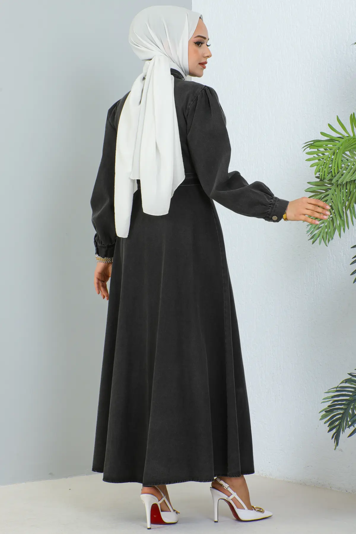 6801 Tesettür Kot Elbise Siyah-detail