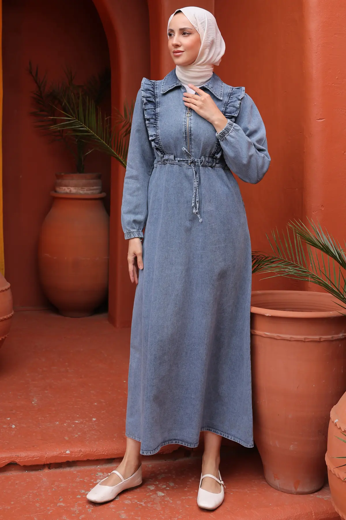 6808 Fırfır Detaylı Kot Elbise Mavi-detail