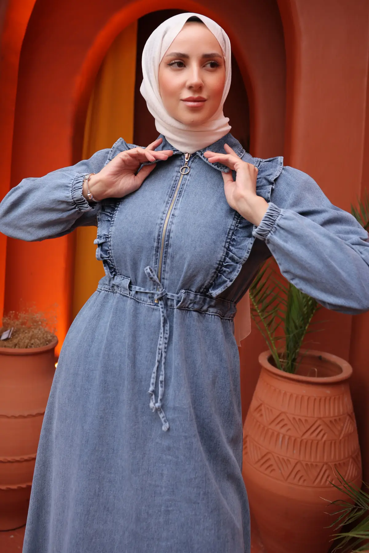 6808 Fırfır Detaylı Kot Elbise Mavi-detail