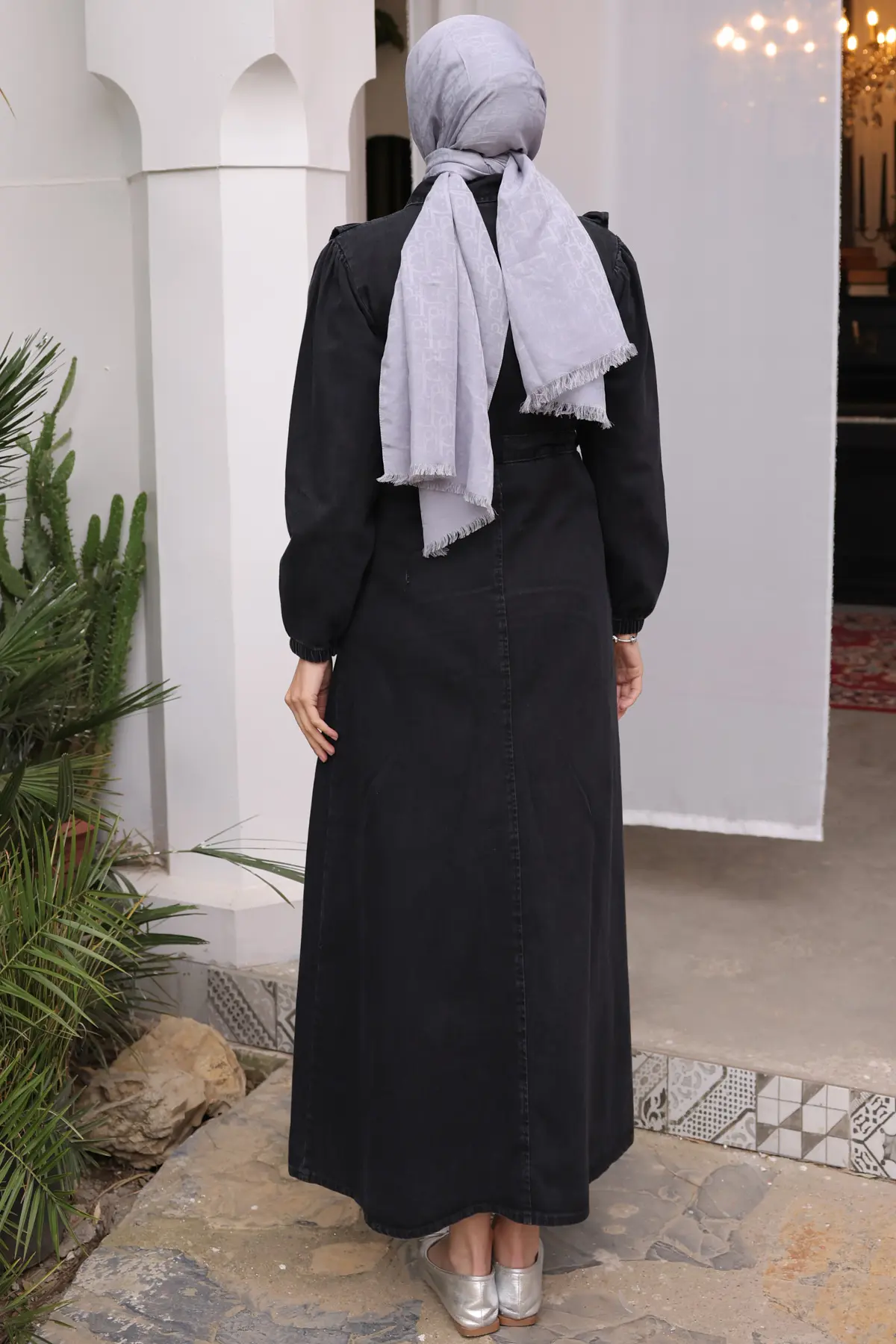 6808 Fırfır Detaylı Kot Elbise Siyah-detail