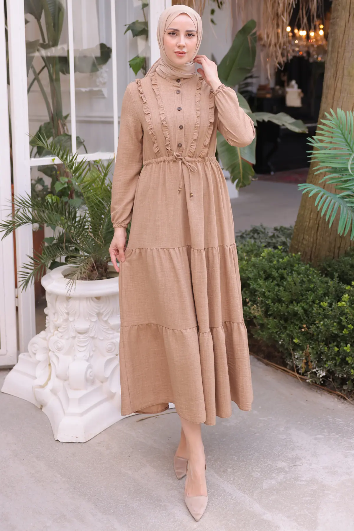 6814 Fırfırlı Elbise Bej-detail