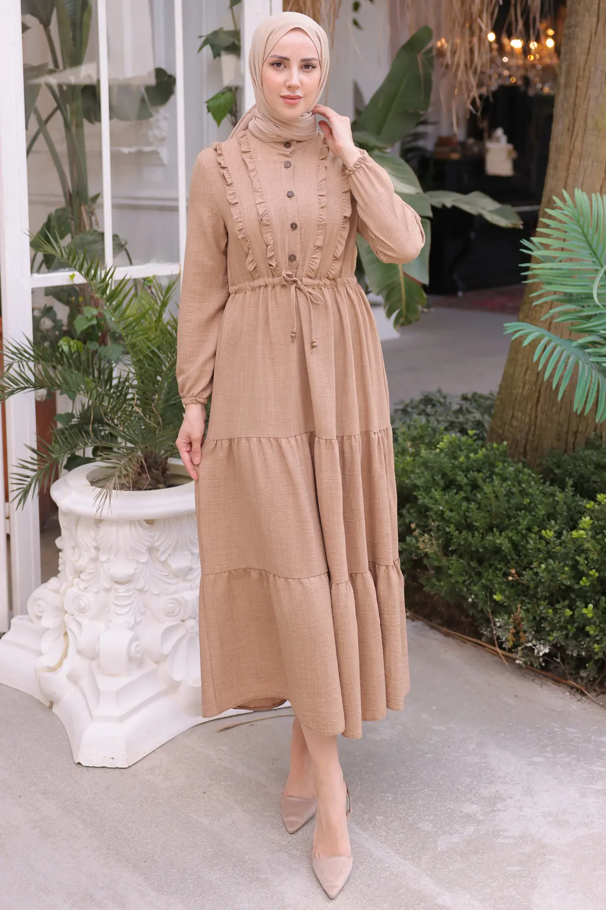 6814 Fırfırlı Elbise Bej-detail