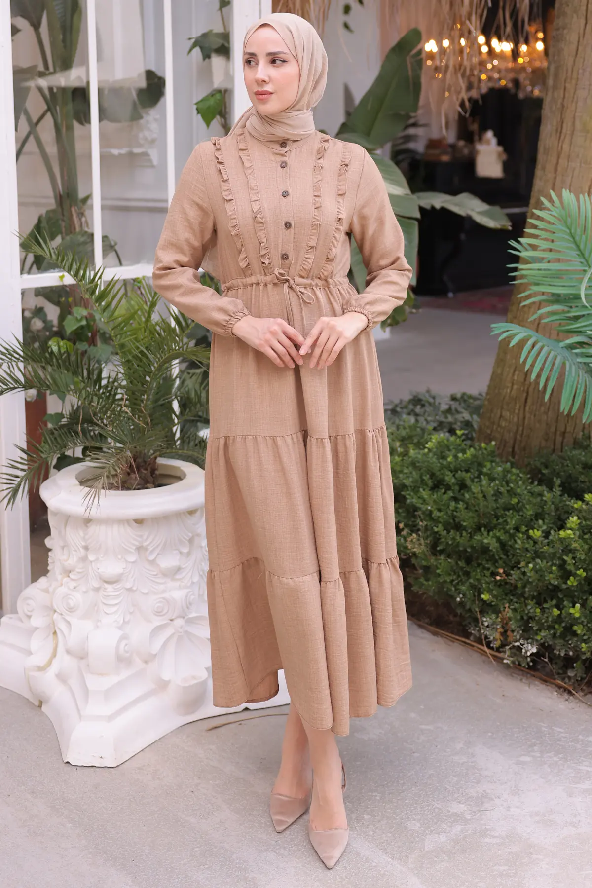 6814 Fırfırlı Elbise Bej-detail