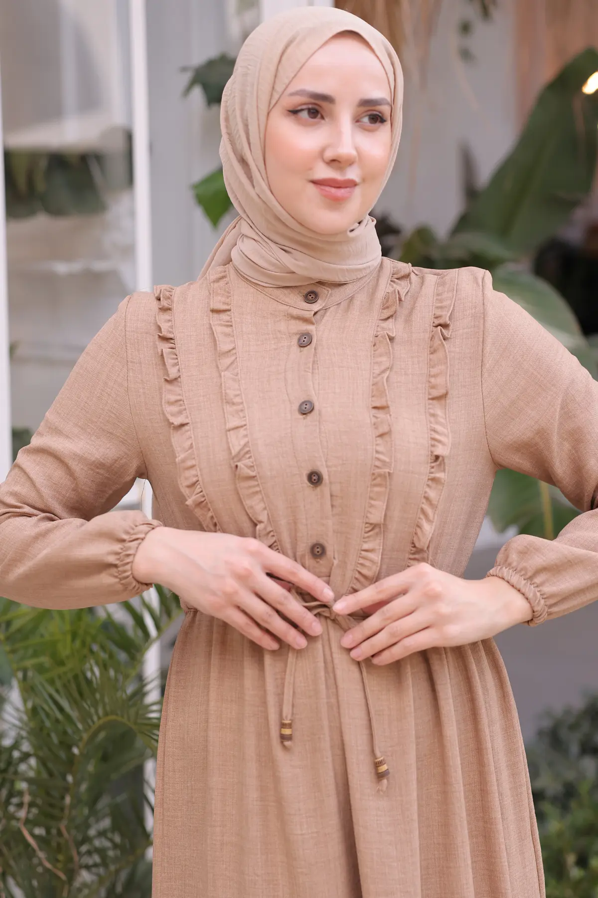 6814 Fırfırlı Elbise Bej-detail