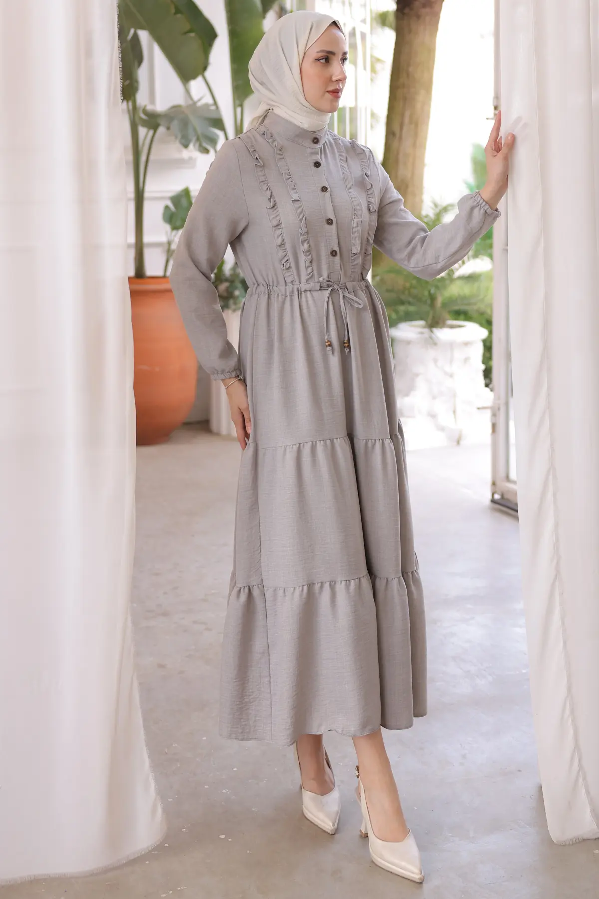 6814 Fırfırlı Elbise Gri-detail