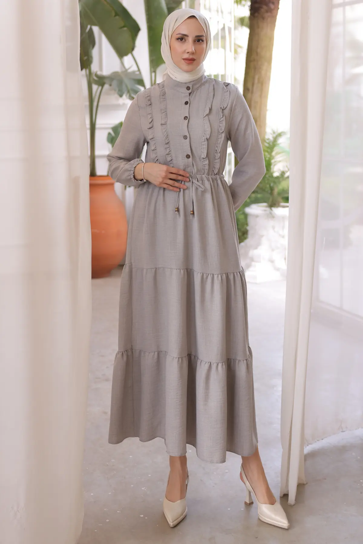 6814 Fırfırlı Elbise Gri-detail