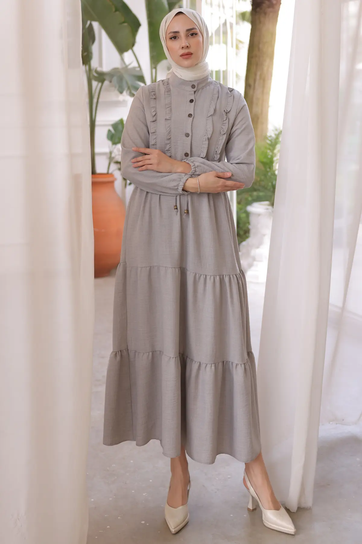 6814 Fırfırlı Elbise Gri-detail