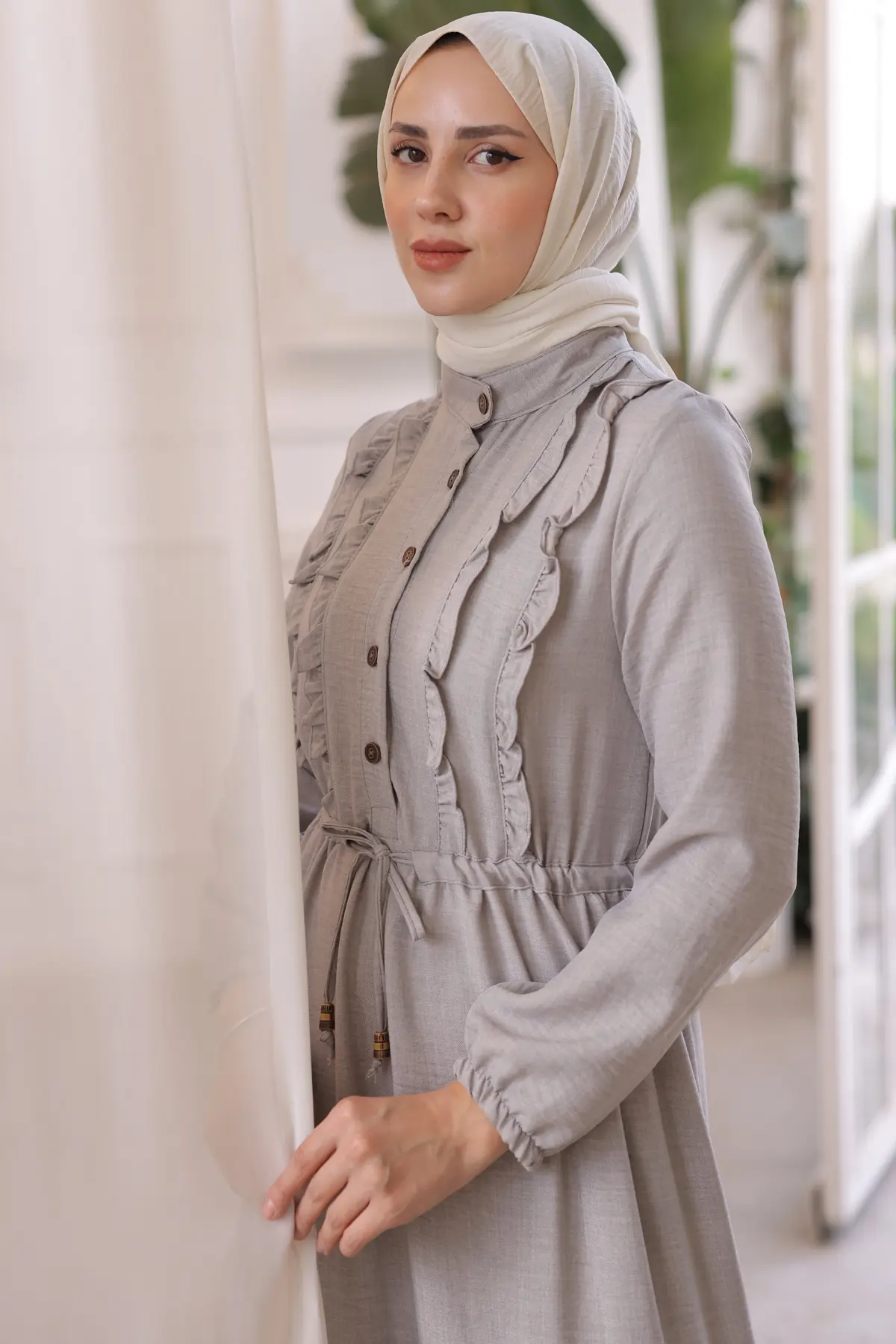 6814 Fırfırlı Elbise Gri-detail