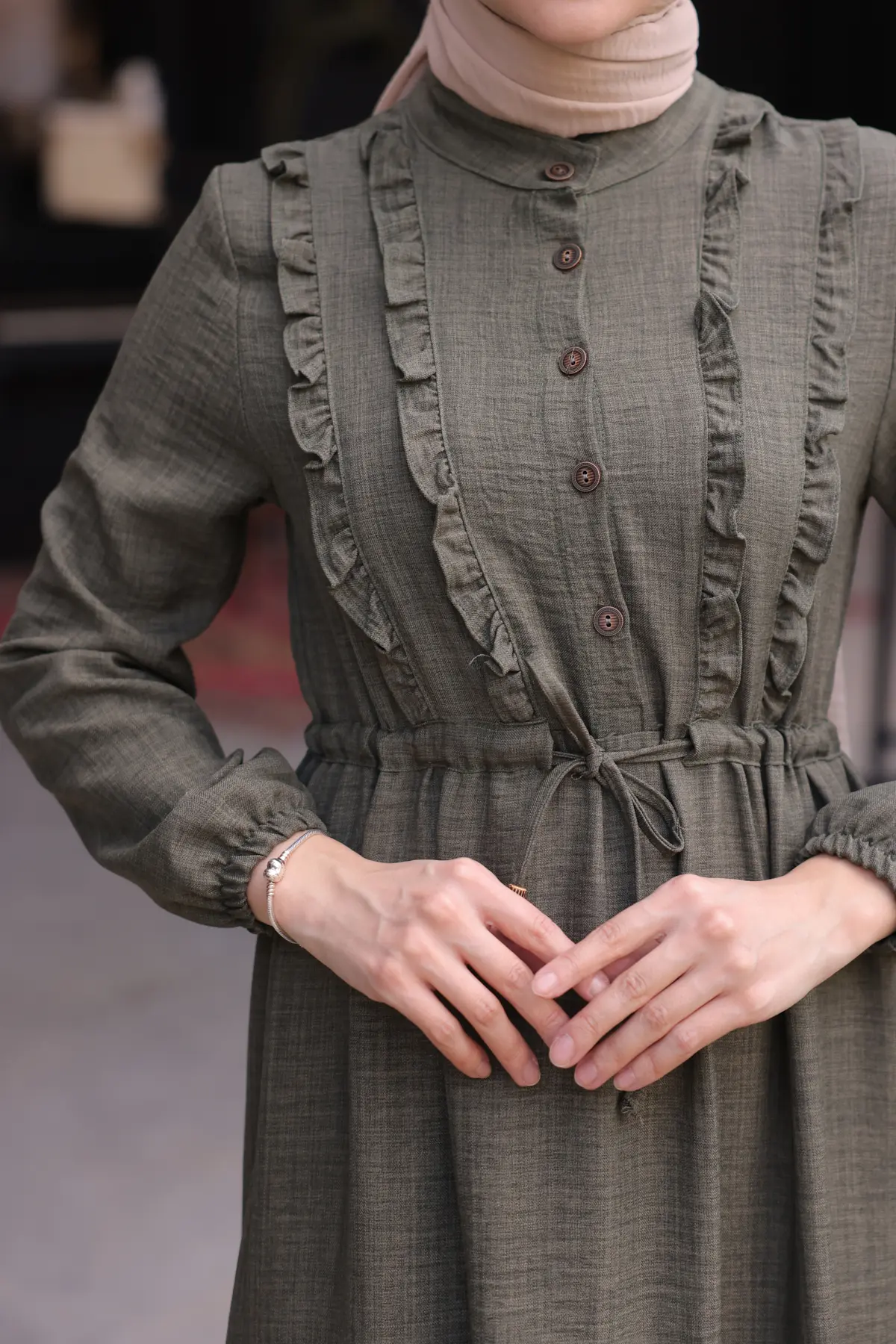 6814 Fırfırlı Elbise Haki-detail