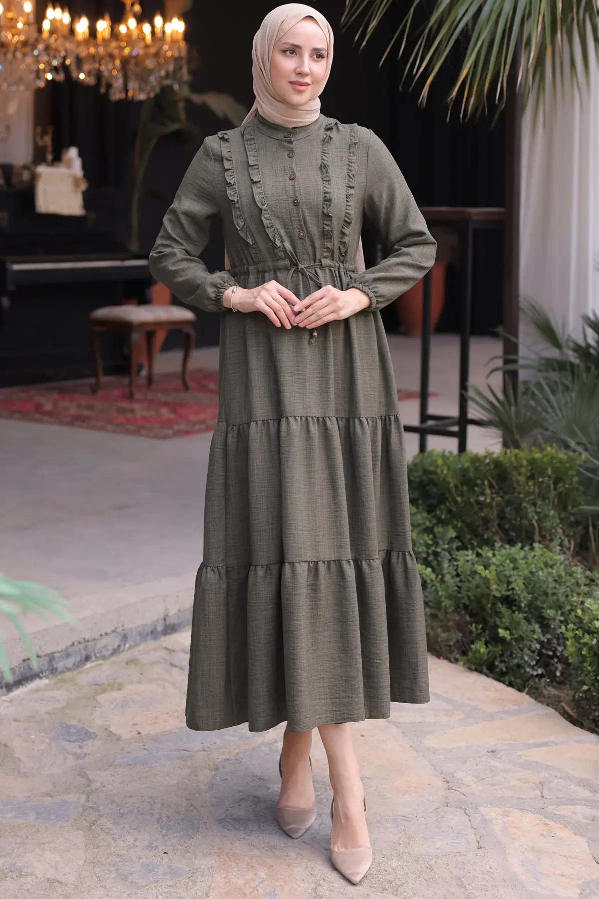 6814 Fırfırlı Elbise Haki-detail