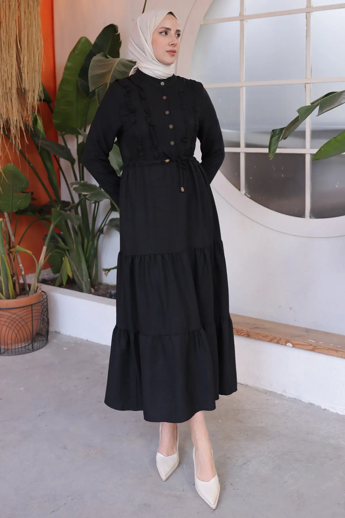 6814 Fırfırlı Elbise Siyah-detail