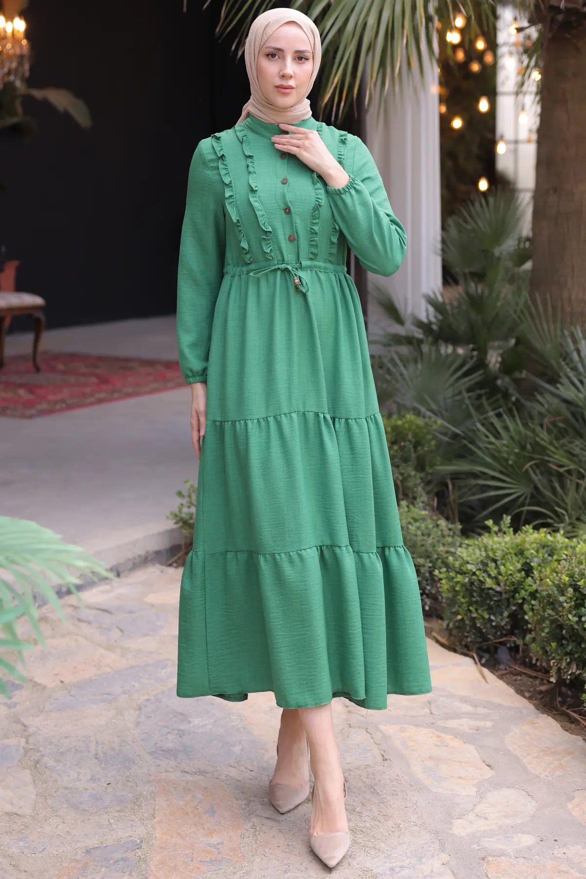 6814 Fırfırlı Elbise Yeşil-detail