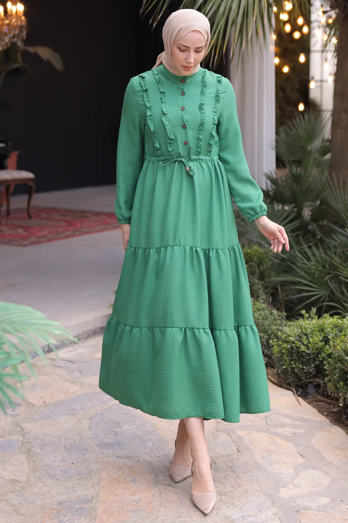 6814 Fırfırlı Elbise Yeşil-detail