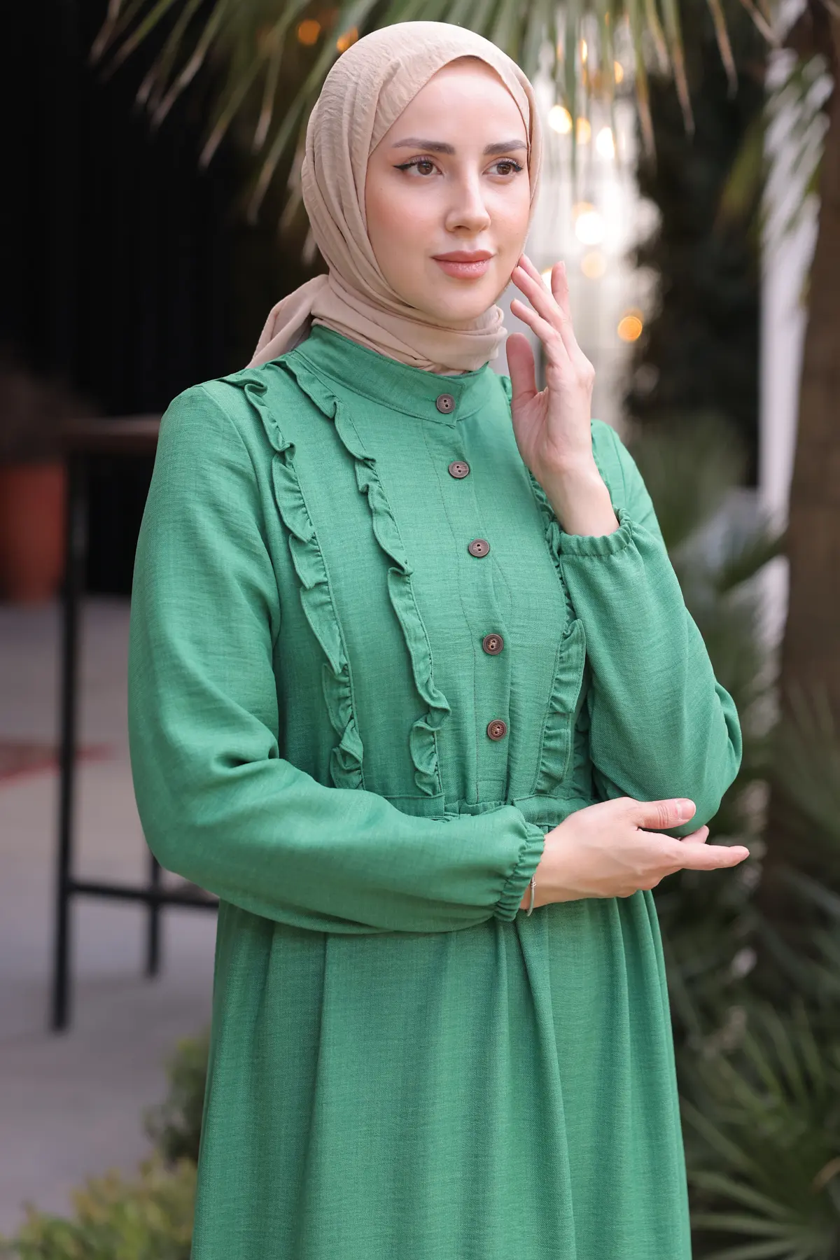 6814 Fırfırlı Elbise Yeşil-detail