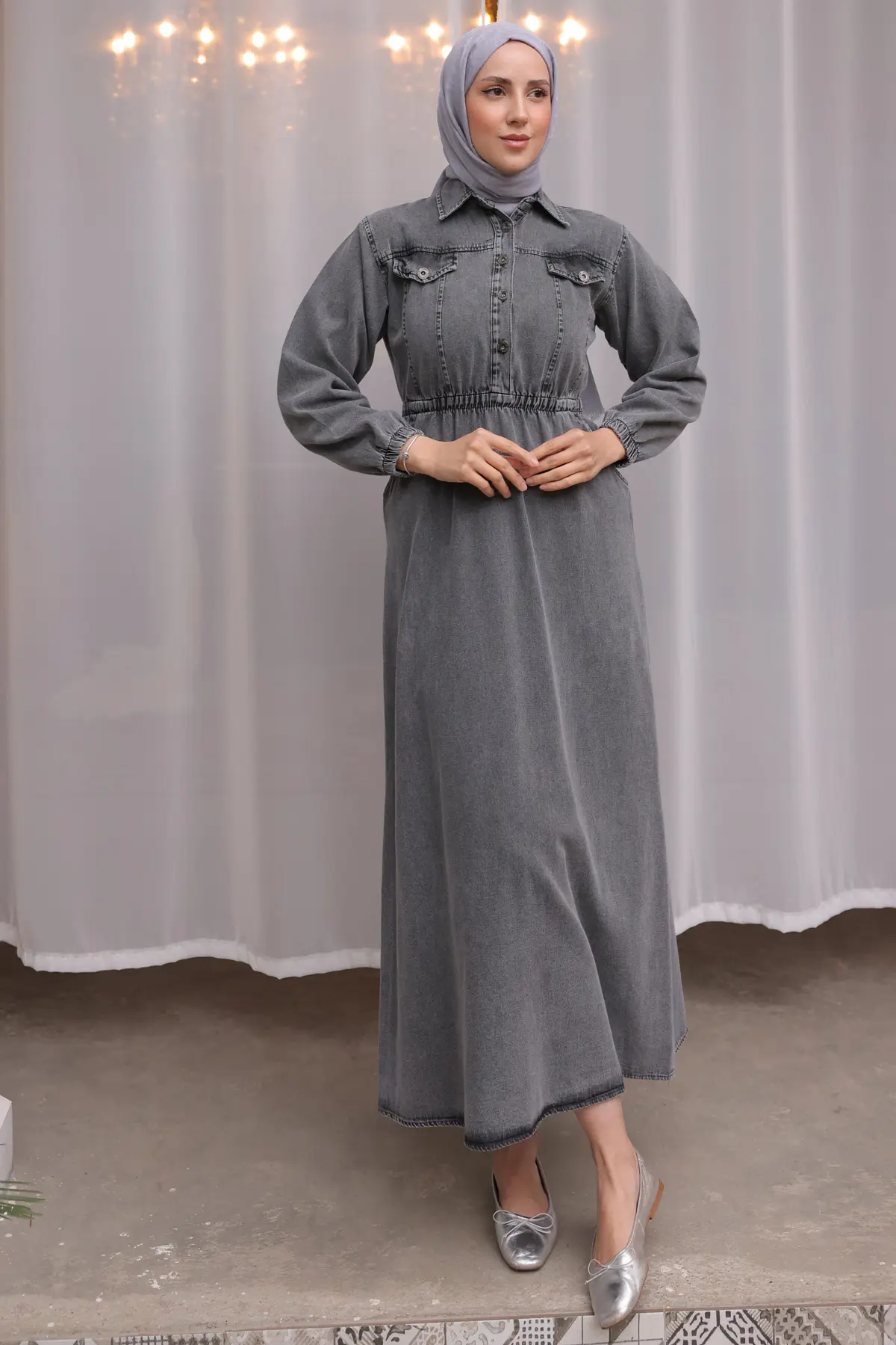 6952 Beli Lastikli Kot Elbise Gri-detail