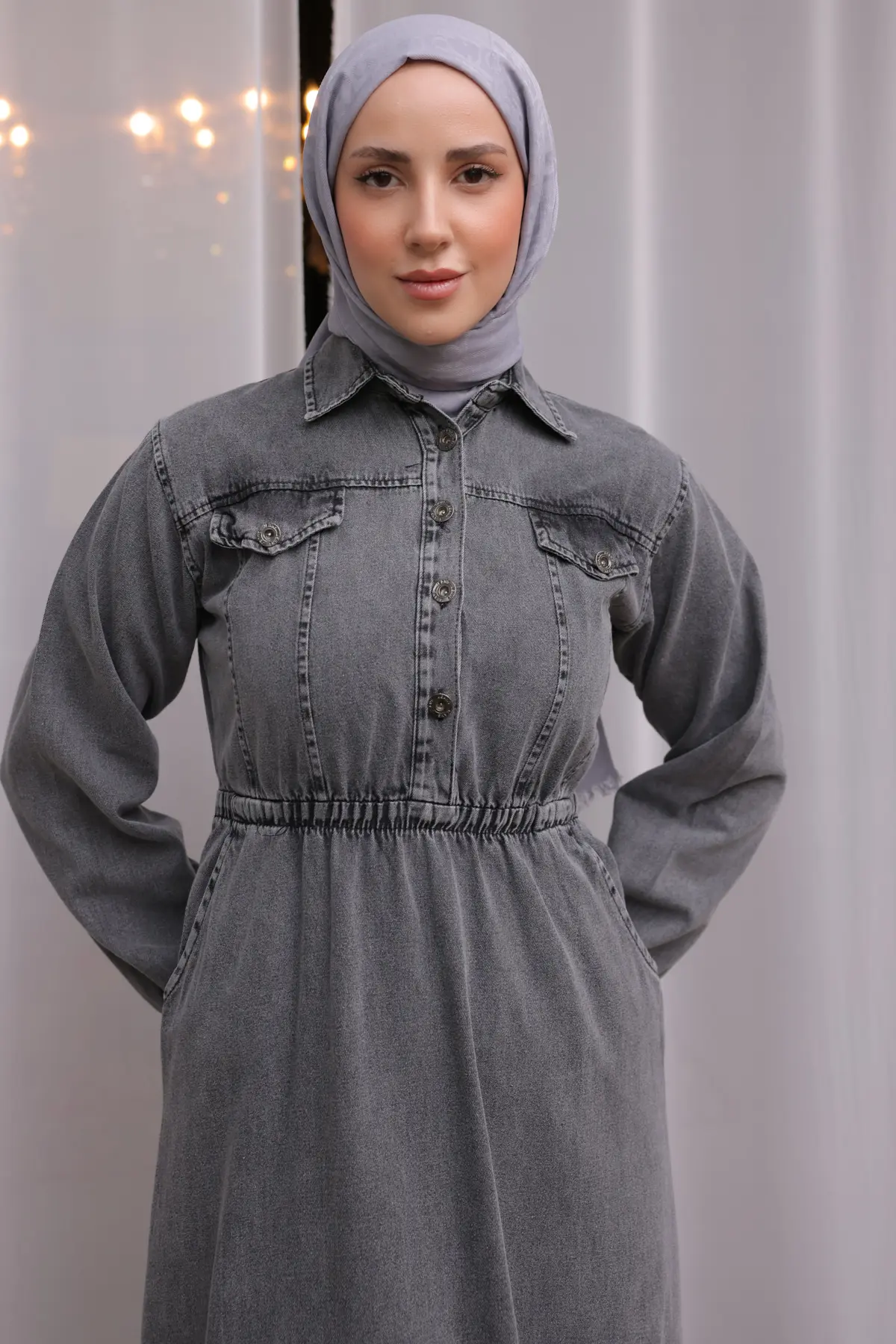 6952 Beli Lastikli Kot Elbise Gri-detail