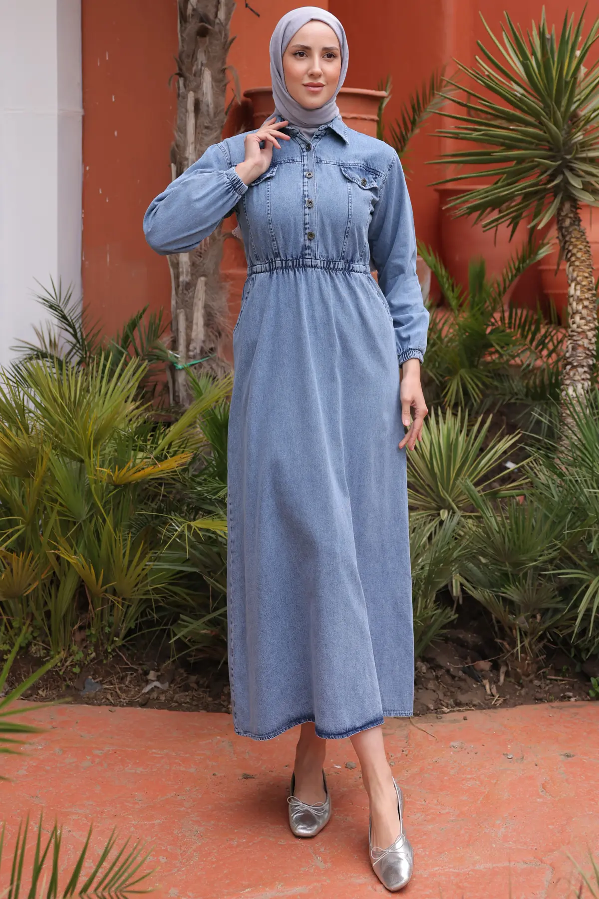 6952 Beli Lastikli Kot Elbise Mavi-detail