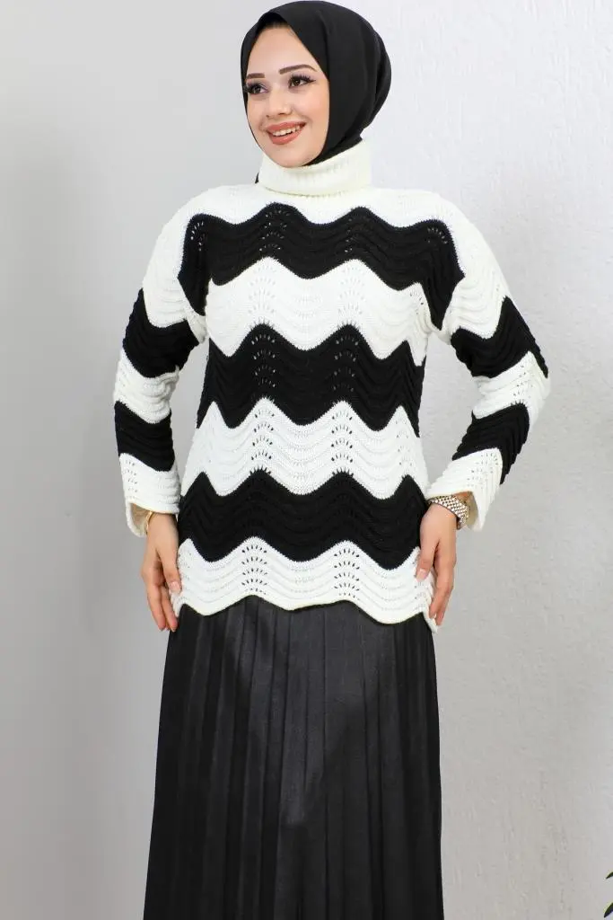 7003 Balıkçı Yaka Dalga Desenli Triko Kazak Ekru-detail