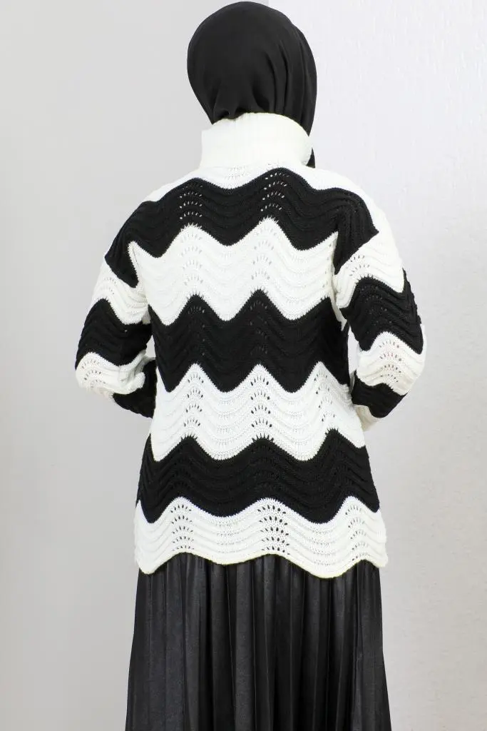 7003 Balıkçı Yaka Dalga Desenli Triko Kazak Ekru-detail