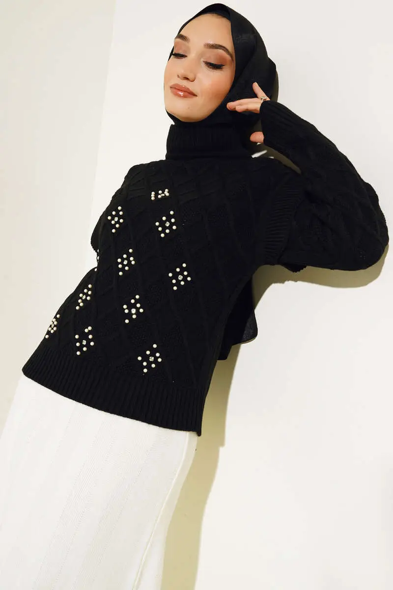7031-7058 İncili Yarım Balıkçı Yaka Triko Kazak Siyah-detail