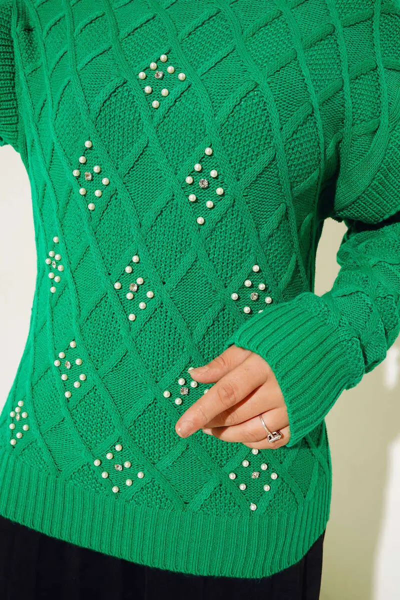 7031-7058 İncili Yarım Balıkçı Yaka Triko Kazak Yeşil-detail