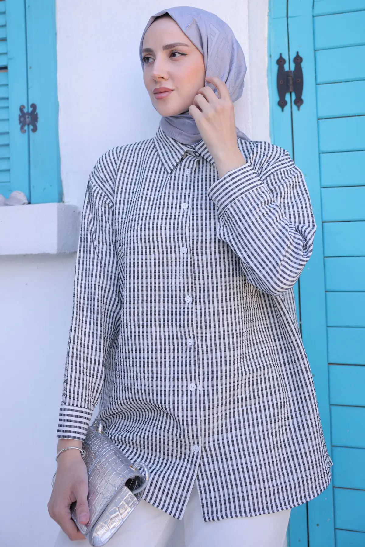 712 Çizgili Gömlek Siyah-detail