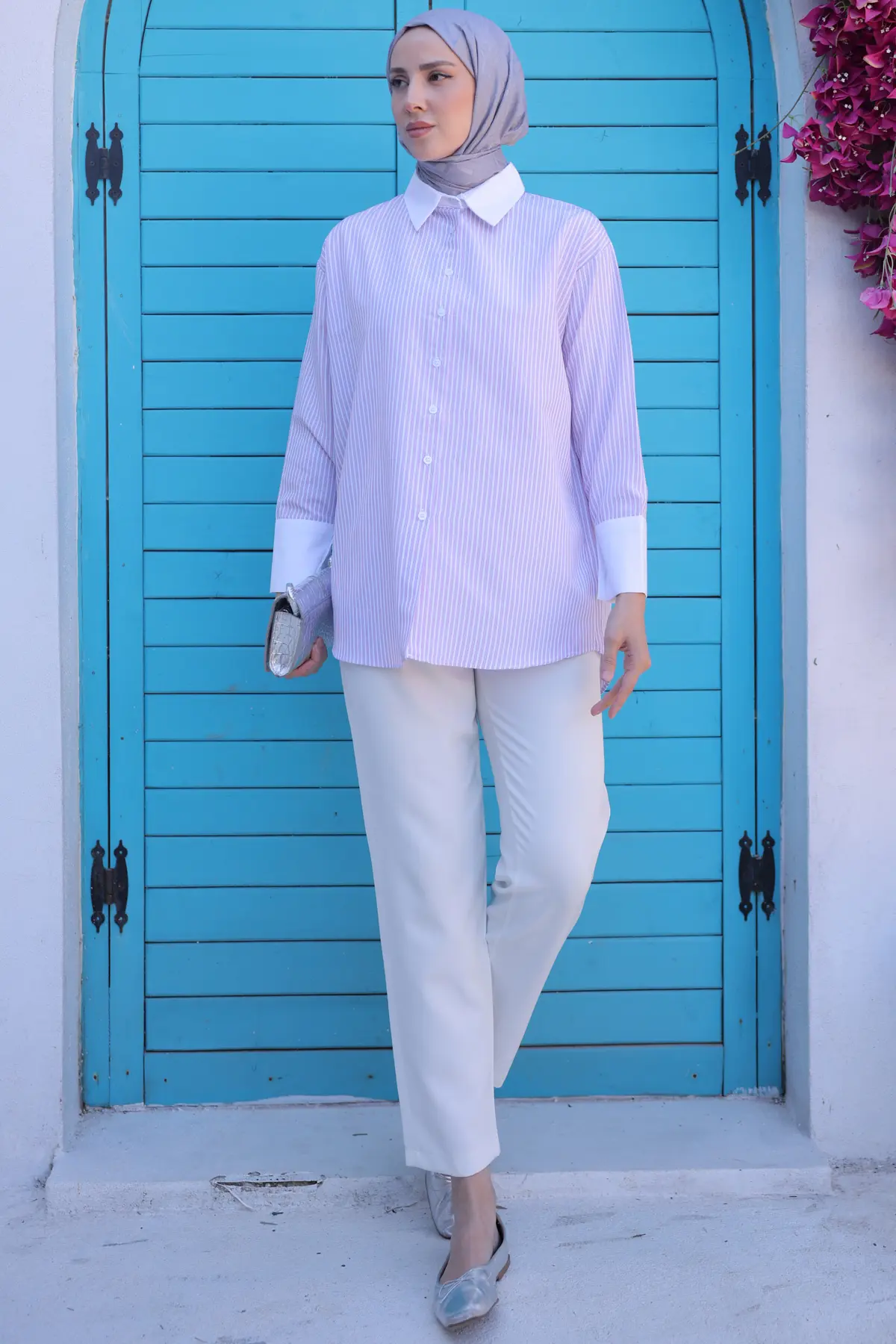 715 Çizgili Manşet Detaylı Gömlek Pembe-detail