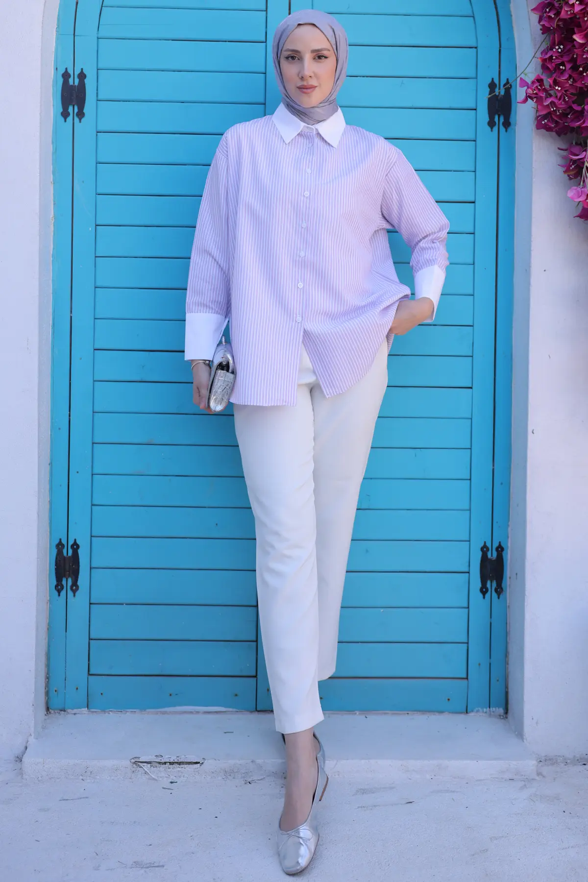 715 Çizgili Manşet Detaylı Gömlek Pembe-detail