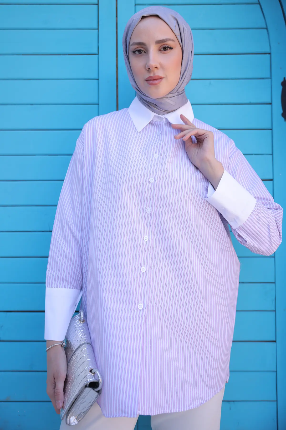 715 Çizgili Manşet Detaylı Gömlek Pembe-detail