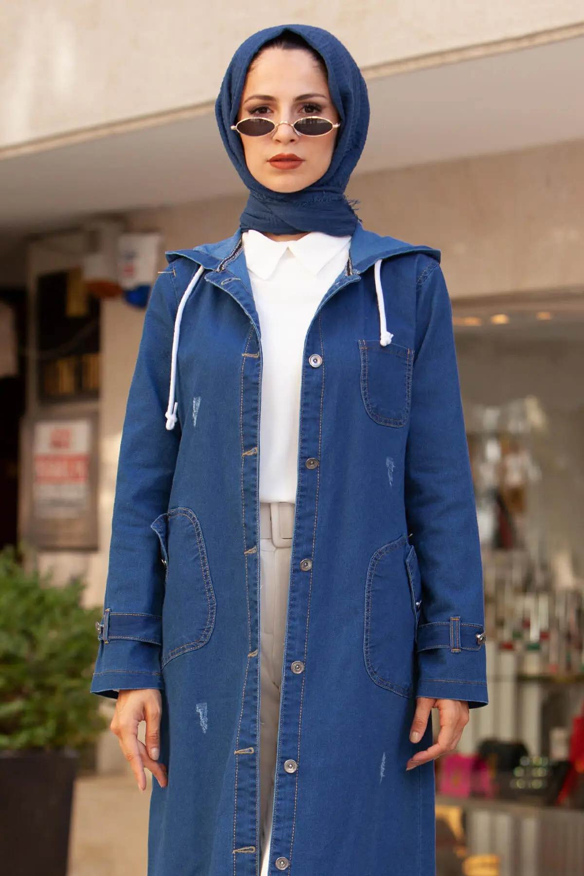 7563 Kapüşonlu Düğmeli̇ Spor Kot Kap - Lacivert-detail