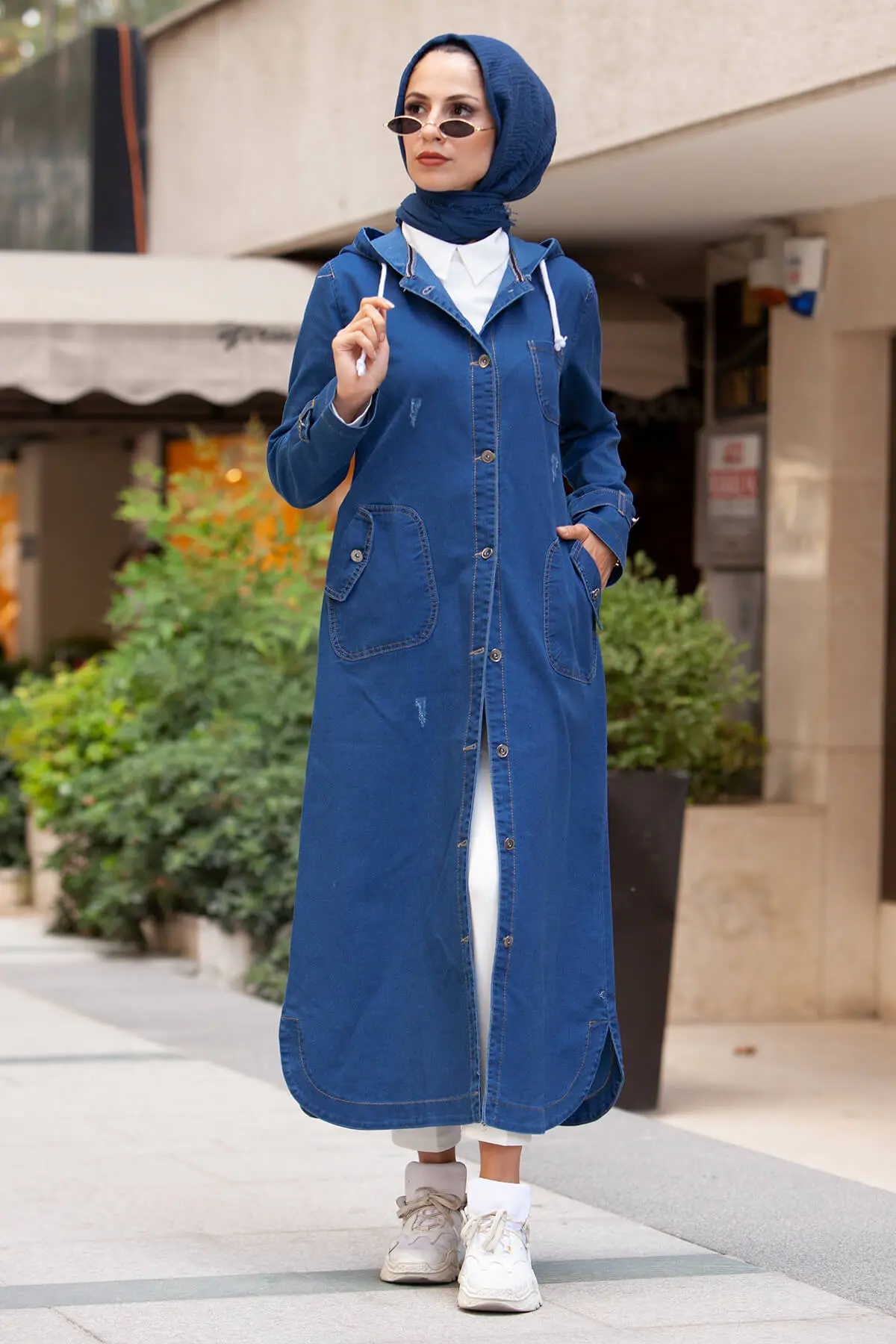 7563 Kapüşonlu Düğmeli̇ Spor Kot Kap - Lacivert-detail