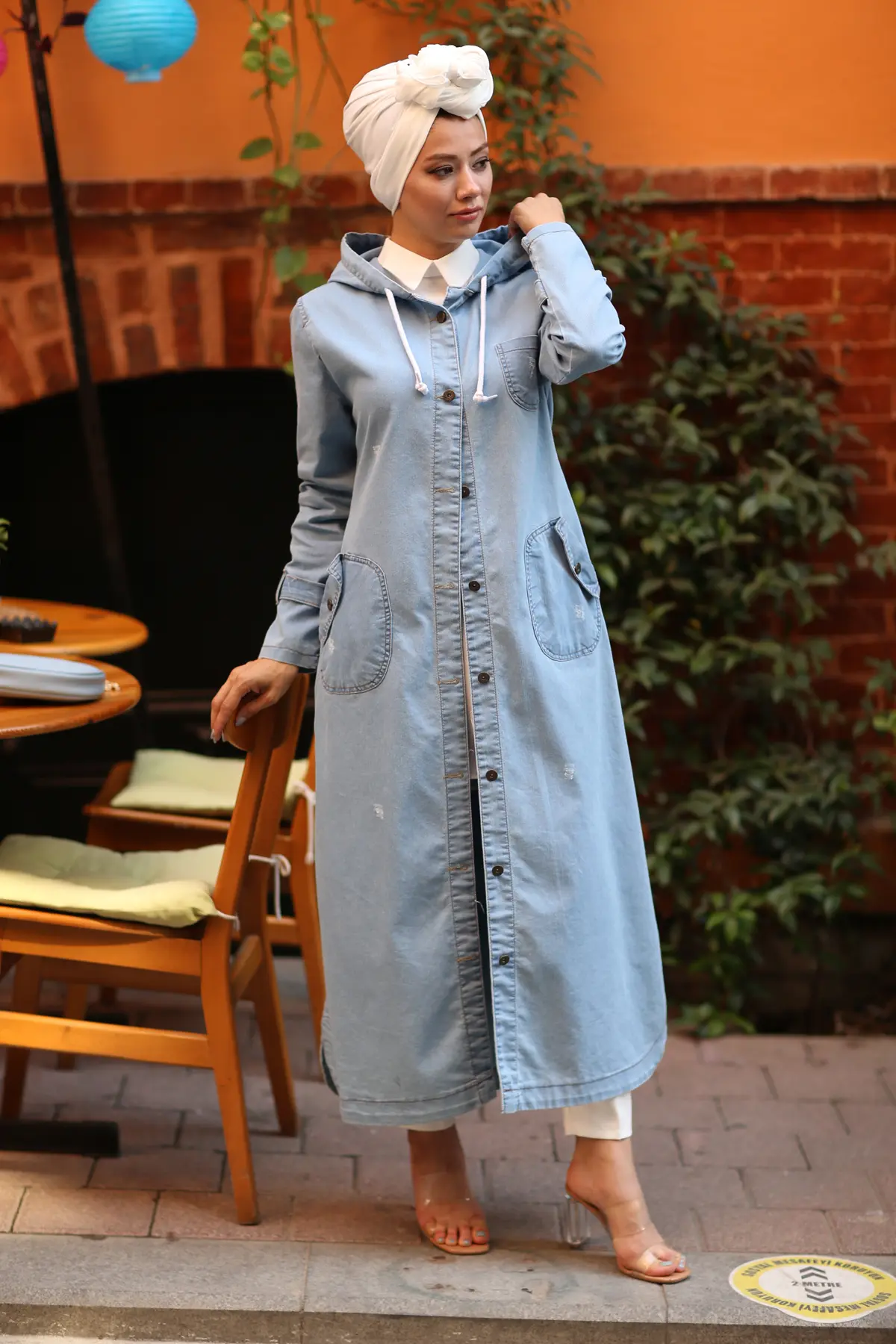 7563 Kapüşonlu Düğmeli̇ Spor Kot Kap - Mavi-detail