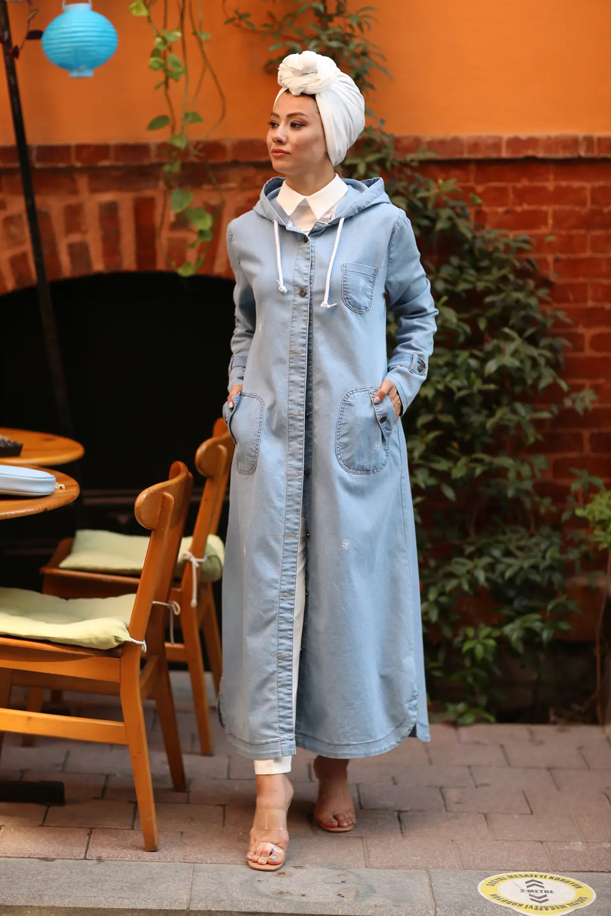 7563 Kapüşonlu Düğmeli̇ Spor Kot Kap - Mavi-detail