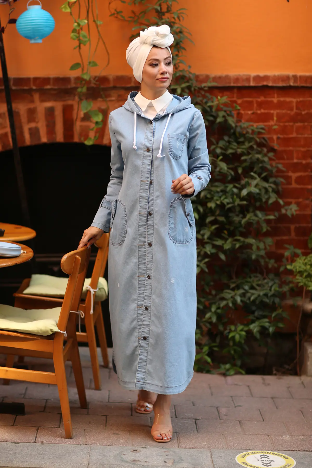 7563 Kapüşonlu Düğmeli̇ Spor Kot Kap - Mavi-detail