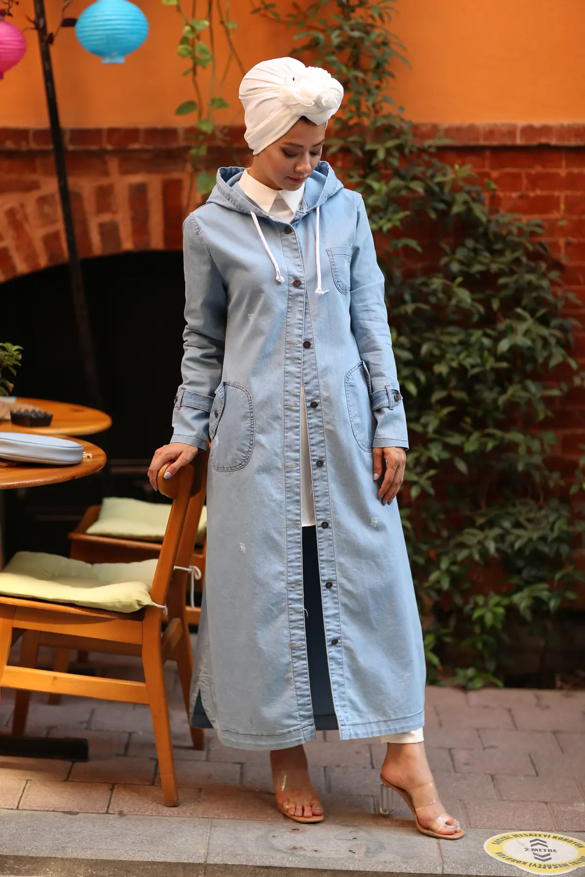 7563 Kapüşonlu Düğmeli̇ Spor Kot Kap - Mavi-detail