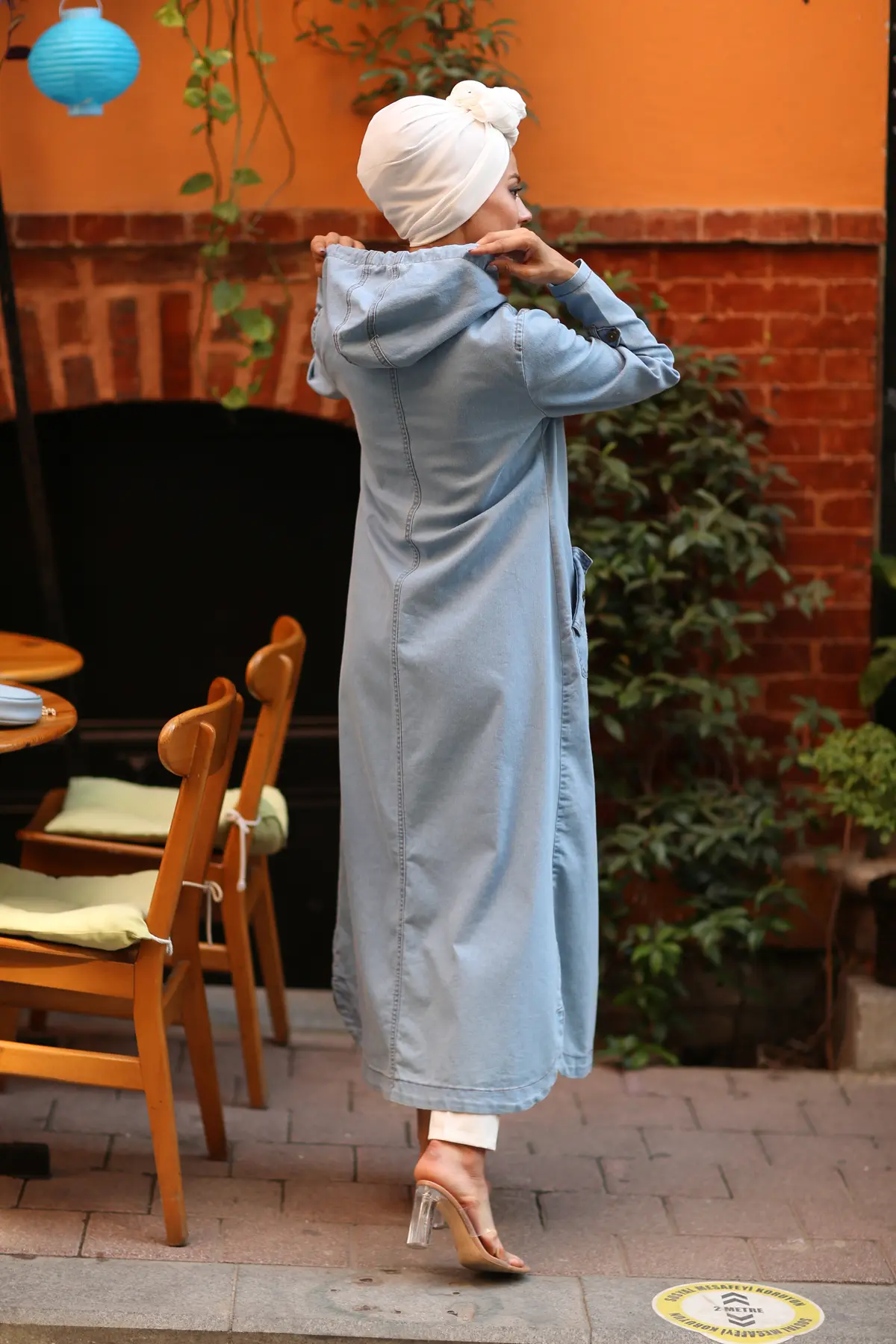 7563 Kapüşonlu Düğmeli̇ Spor Kot Kap - Mavi-detail