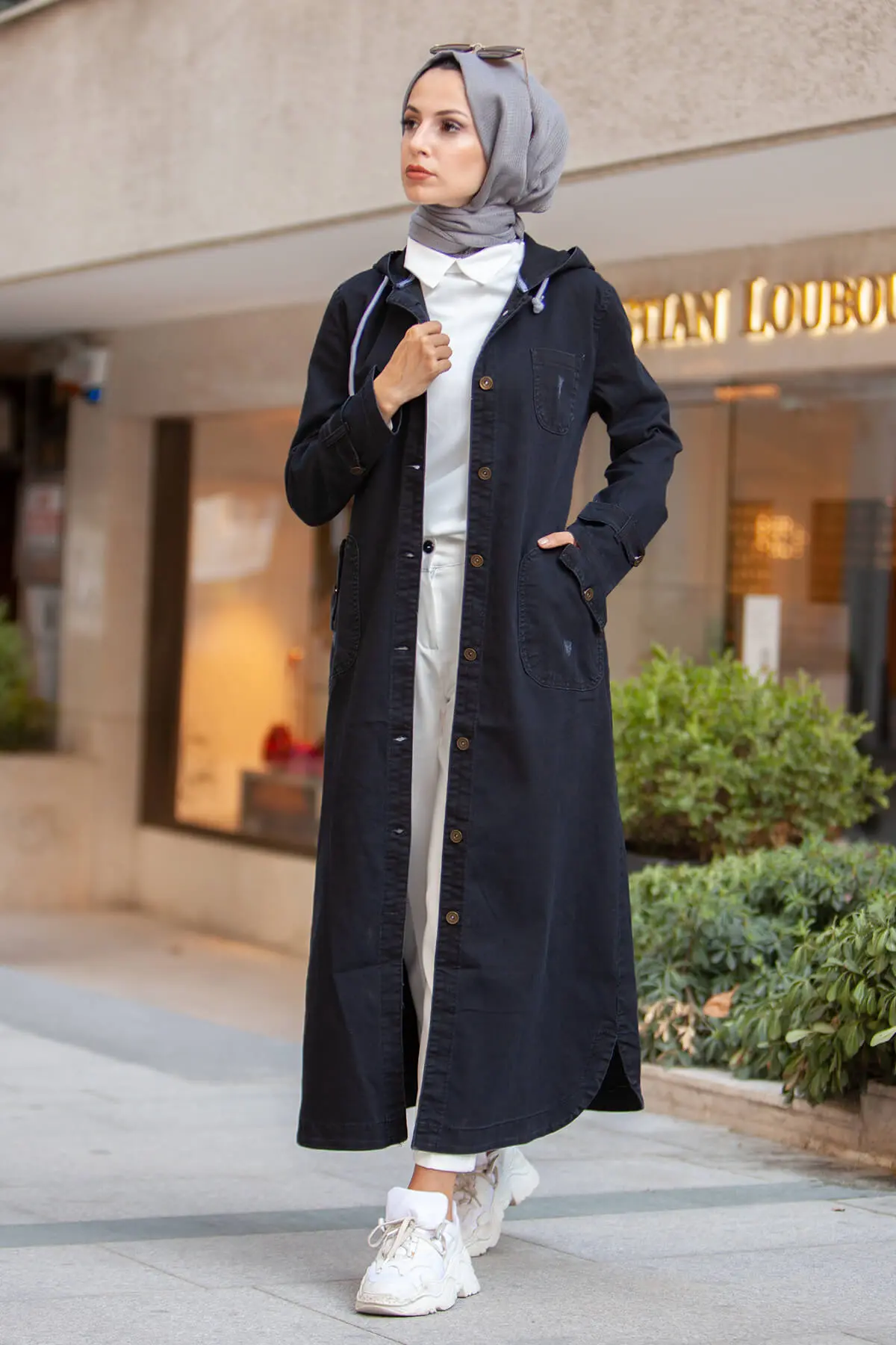 Black Hooded Button Sport Denim Cap-detail