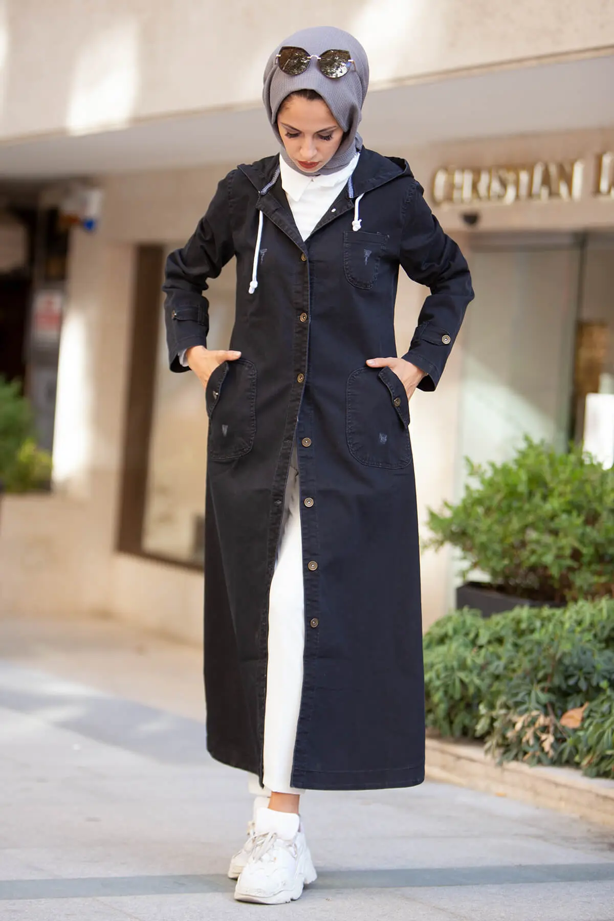 Black Hooded Button Sport Denim Cap-detail