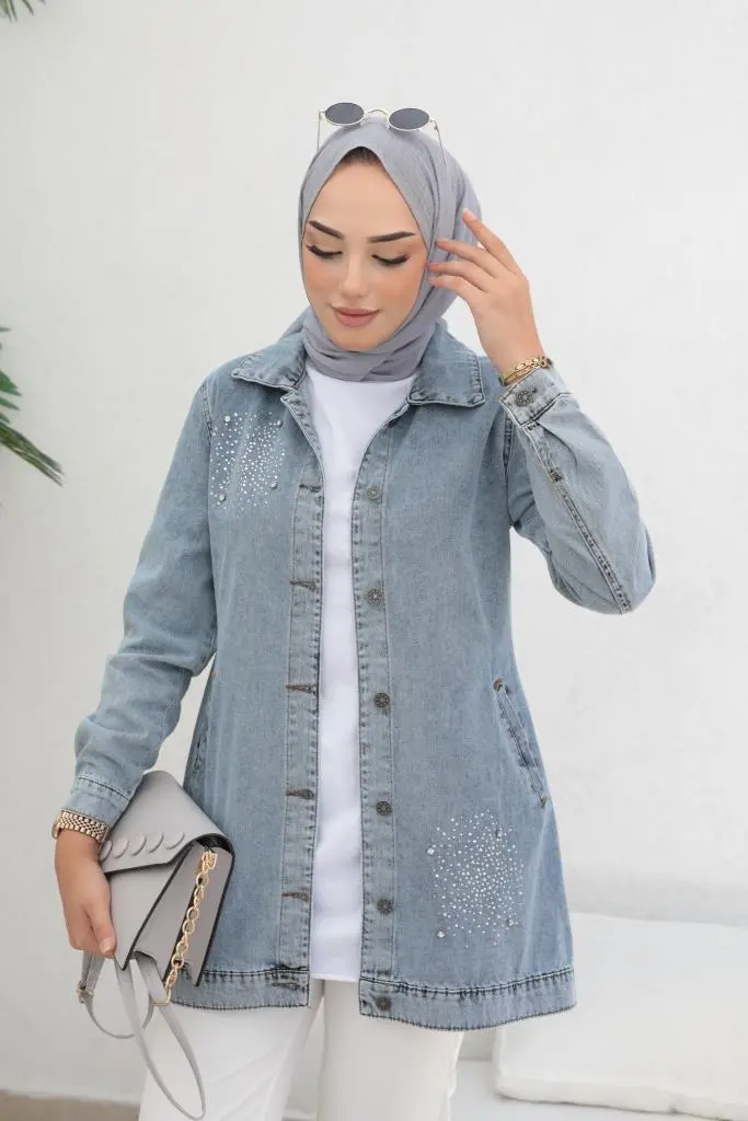 7703 Taş İşlemeli Tesettür Kot Ceket Mavi-detail