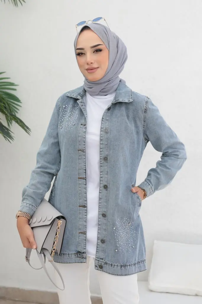 7703 Taş İşlemeli Tesettür Kot Ceket Mavi-detail