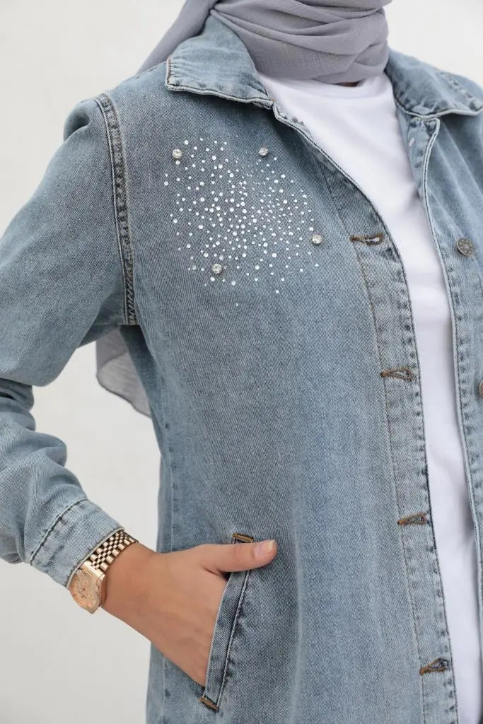 7703 Taş İşlemeli Tesettür Kot Ceket Mavi-detail