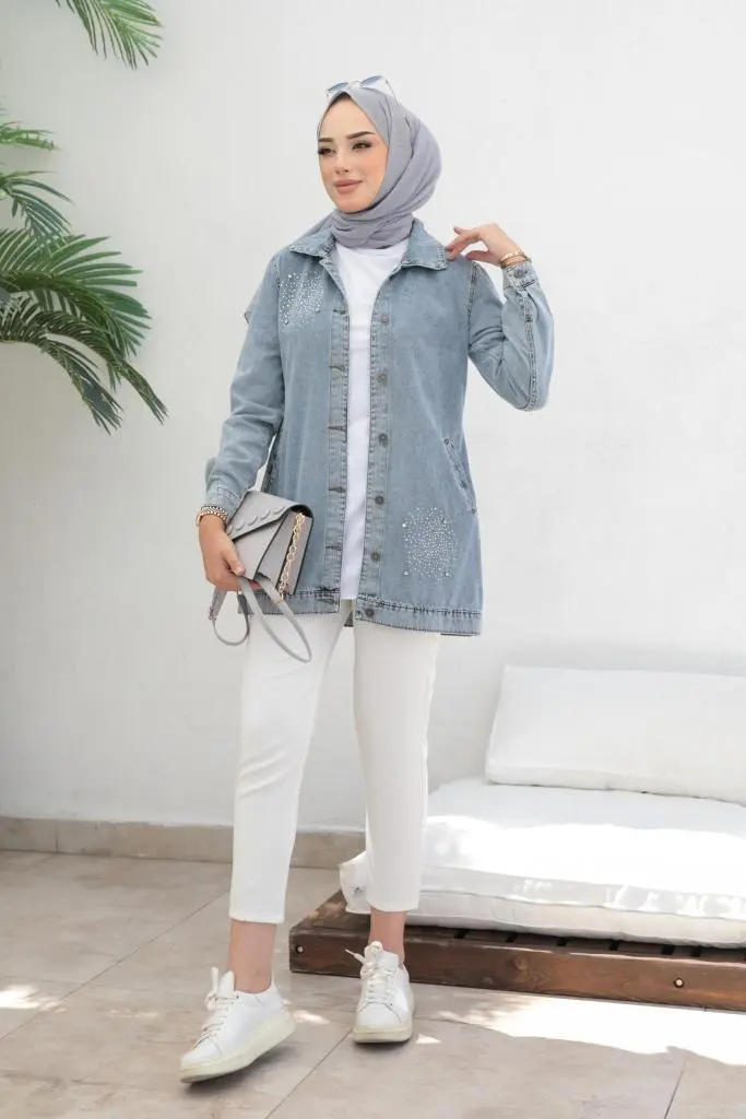 7703 Taş İşlemeli Tesettür Kot Ceket Mavi-detail