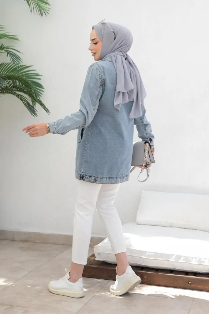 7703 Taş İşlemeli Tesettür Kot Ceket Mavi-detail