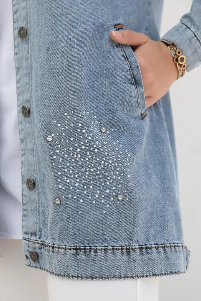 7703 Taş İşlemeli Tesettür Kot Ceket Mavi-detail